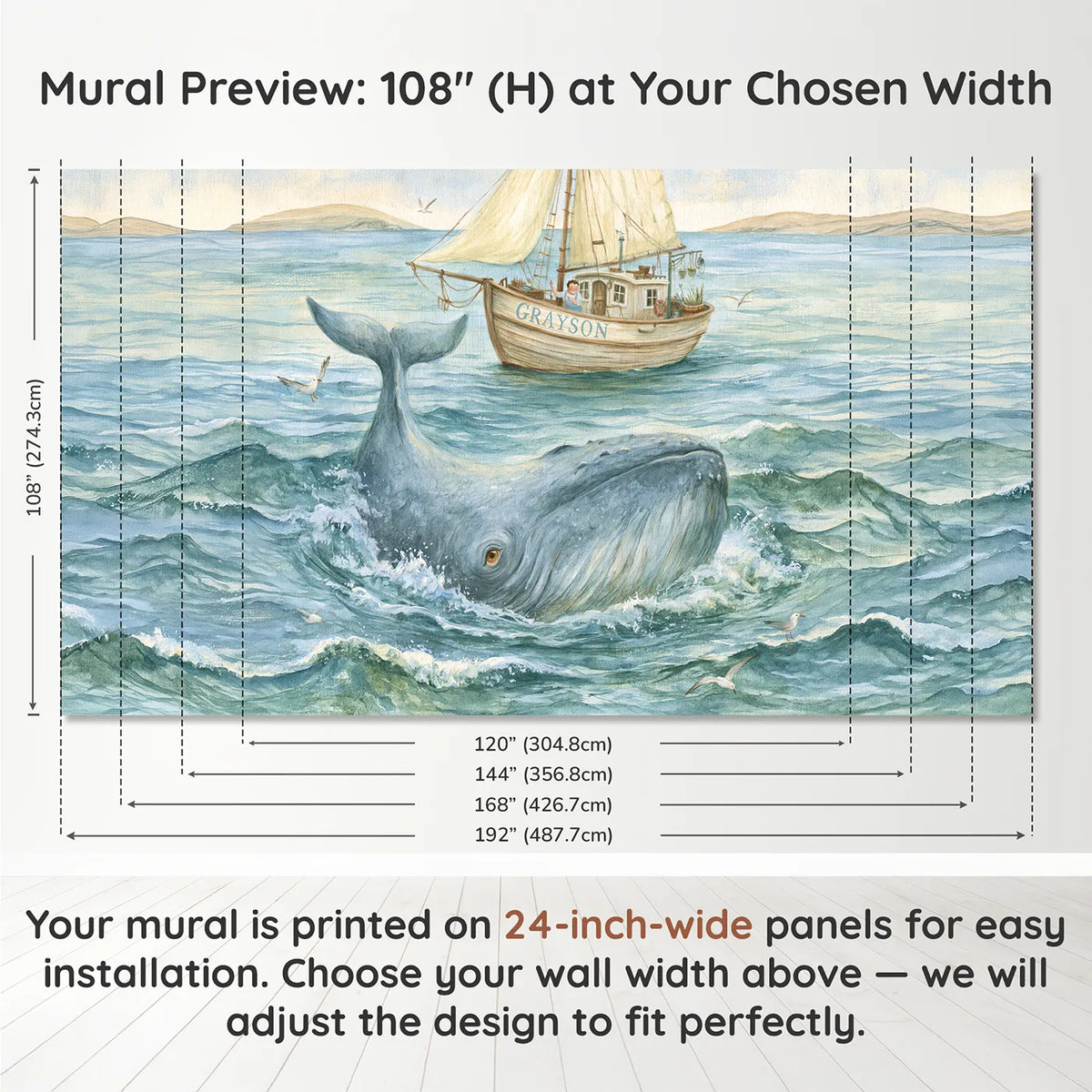 Panel layout and dimensions for Jonah and the Gentle Whale Personalized Wall Mural by Whimsy Tots