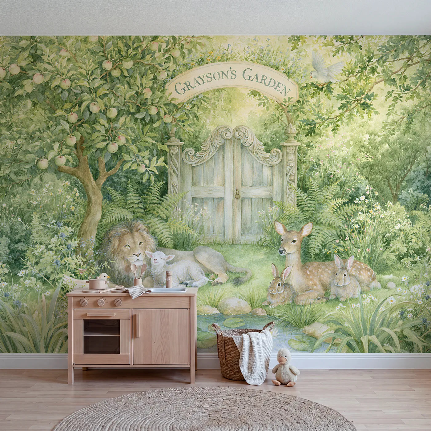 Storybook peaceable garden personalized wall mural with carved gate arch board by Whimsy Tots