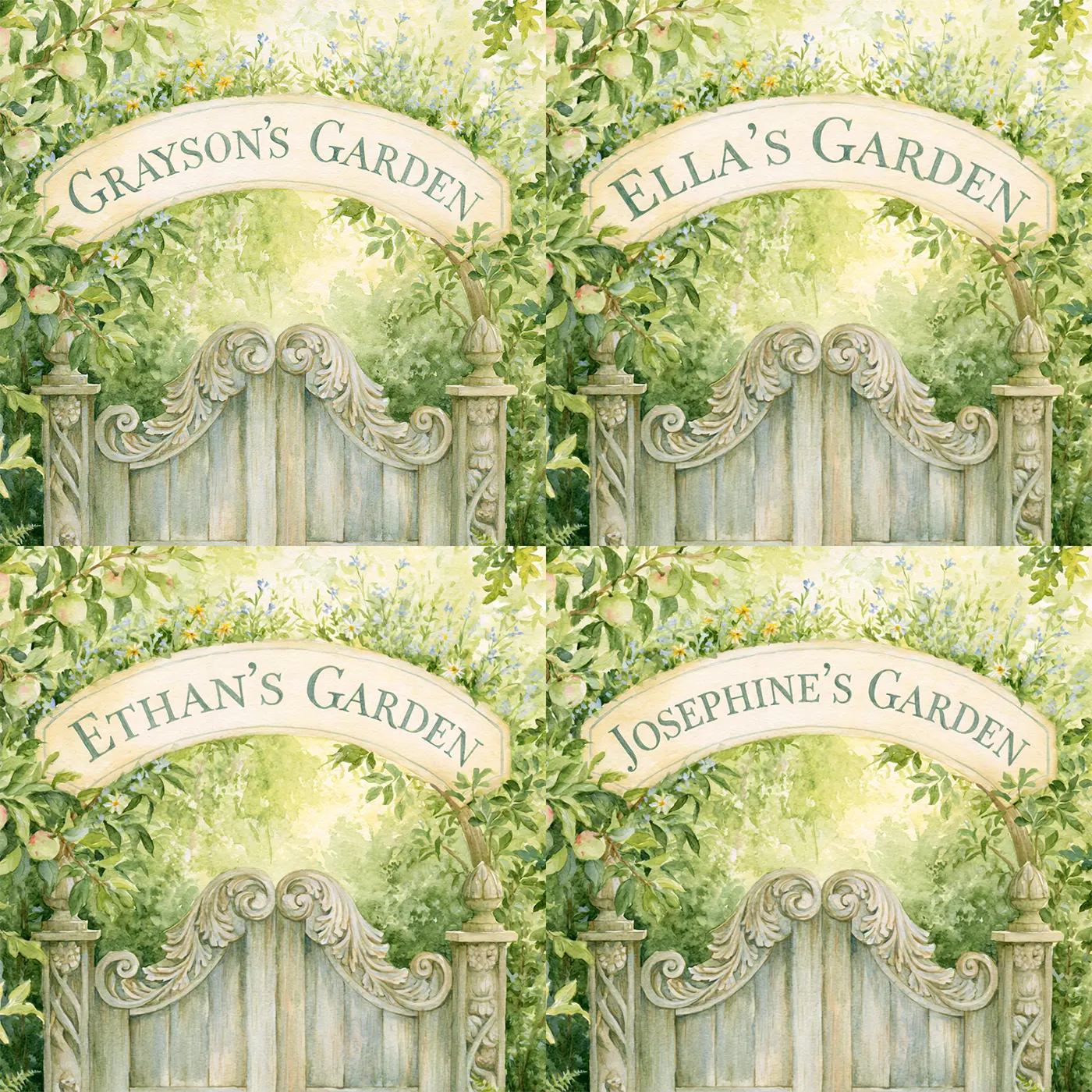 Four name preview examples of Garden of Creation Personalized Wall Mural by Whimsy Tots