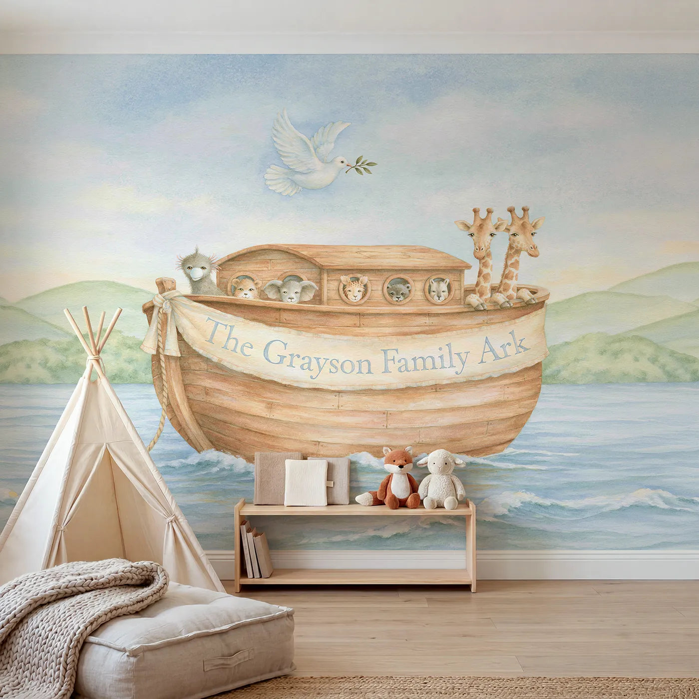 Storybook family ark personalized wall mural with lettered side banner by Whimsy Tots