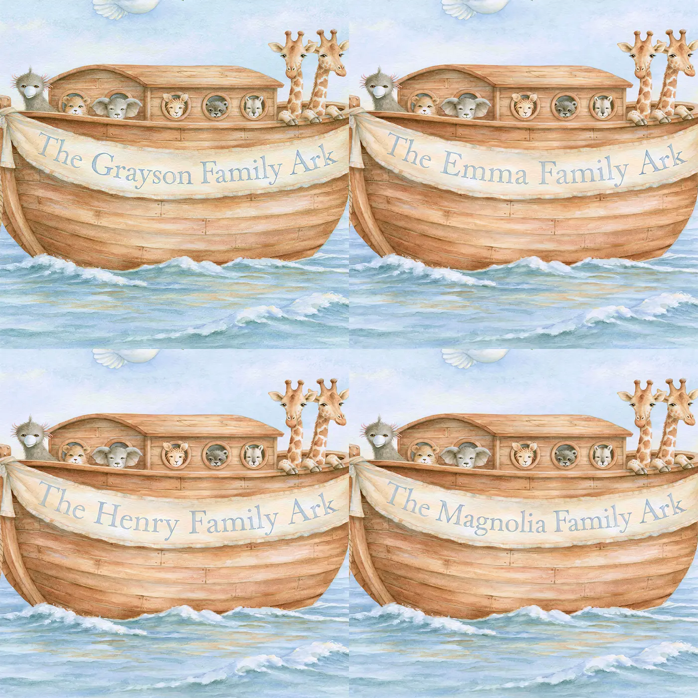 Four name preview examples of Family Ark Personalized Wall Mural by Whimsy Tots