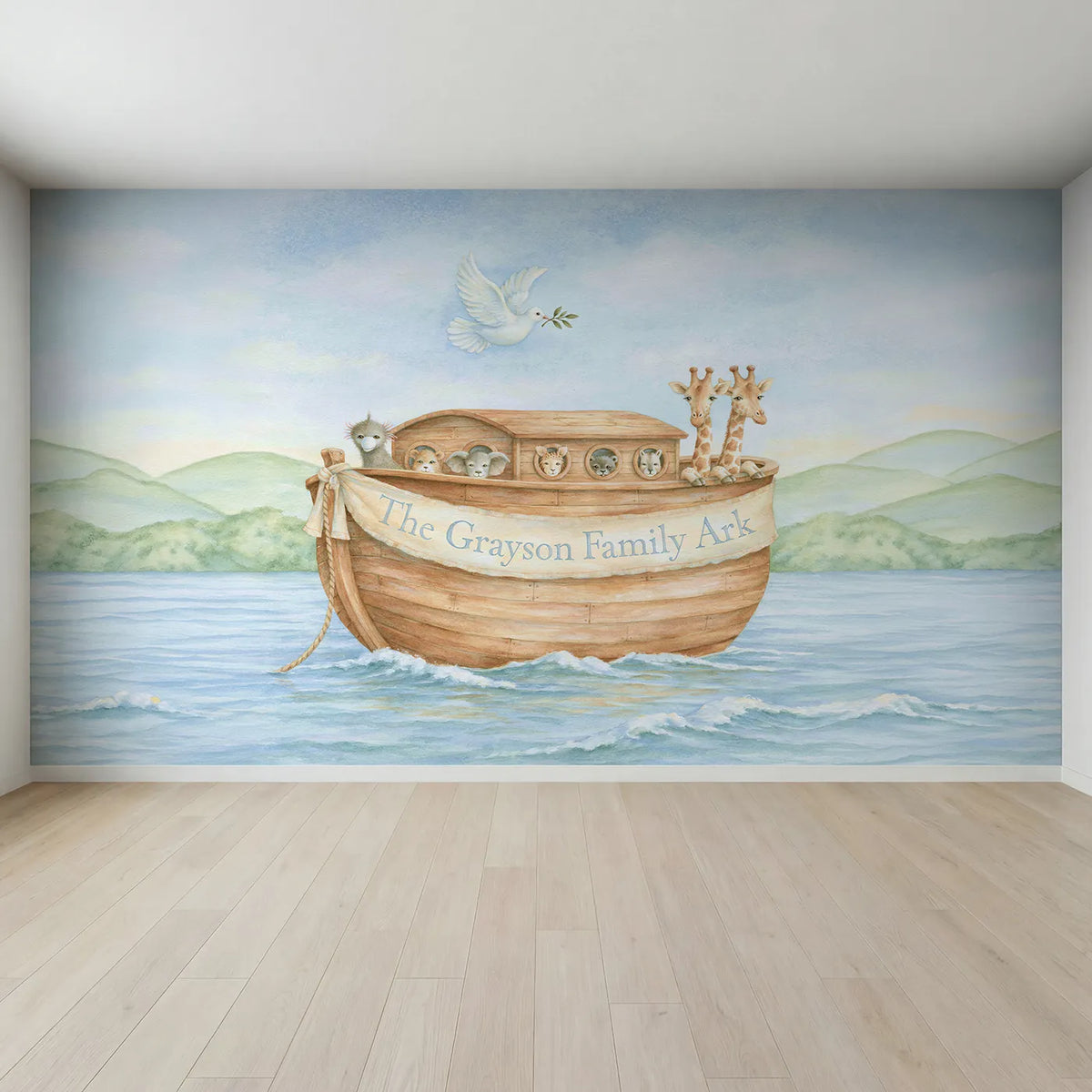 Full view of Family Ark Personalized Wall Mural by Whimsy Tots