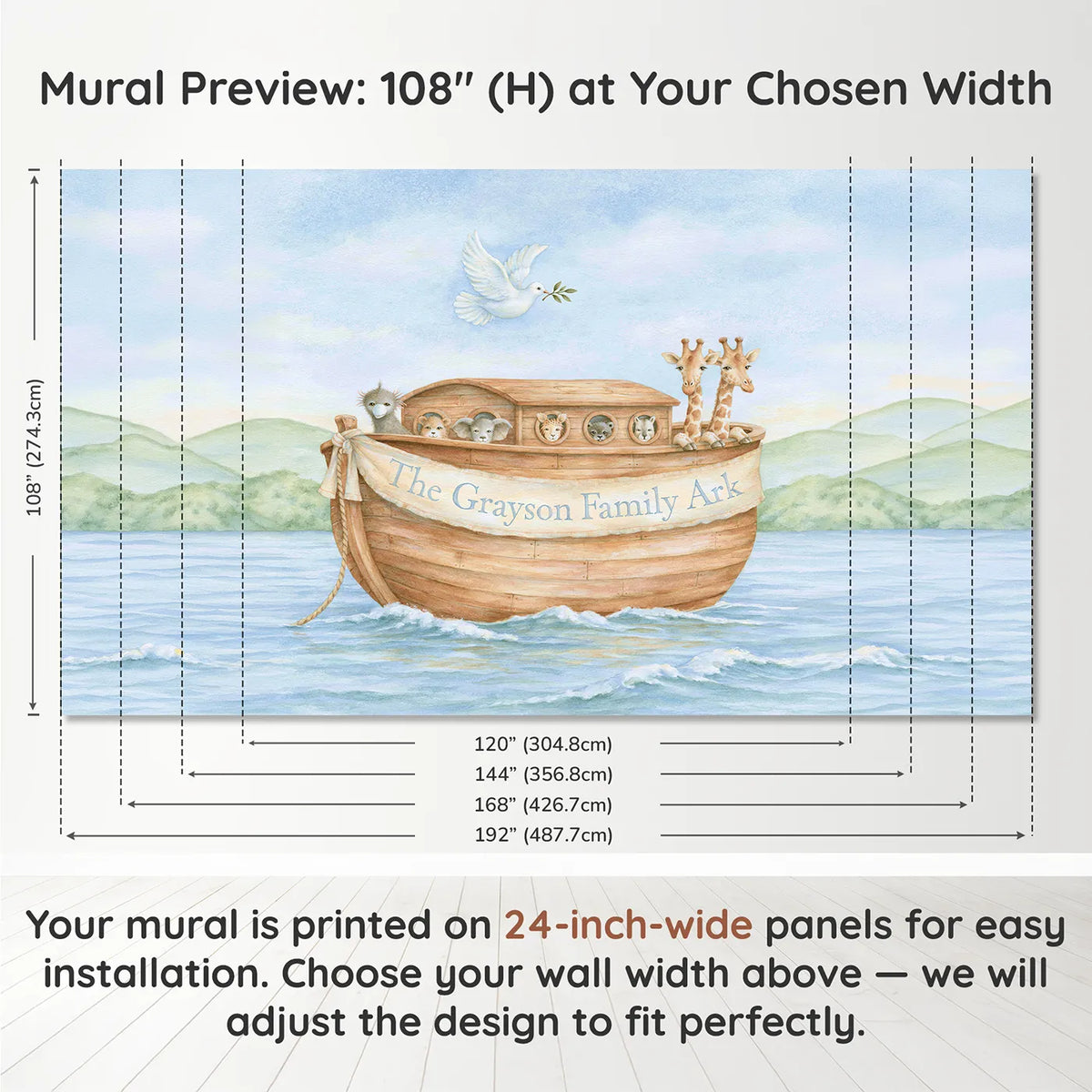 Panel layout and dimensions for Family Ark Personalized Wall Mural by Whimsy Tots