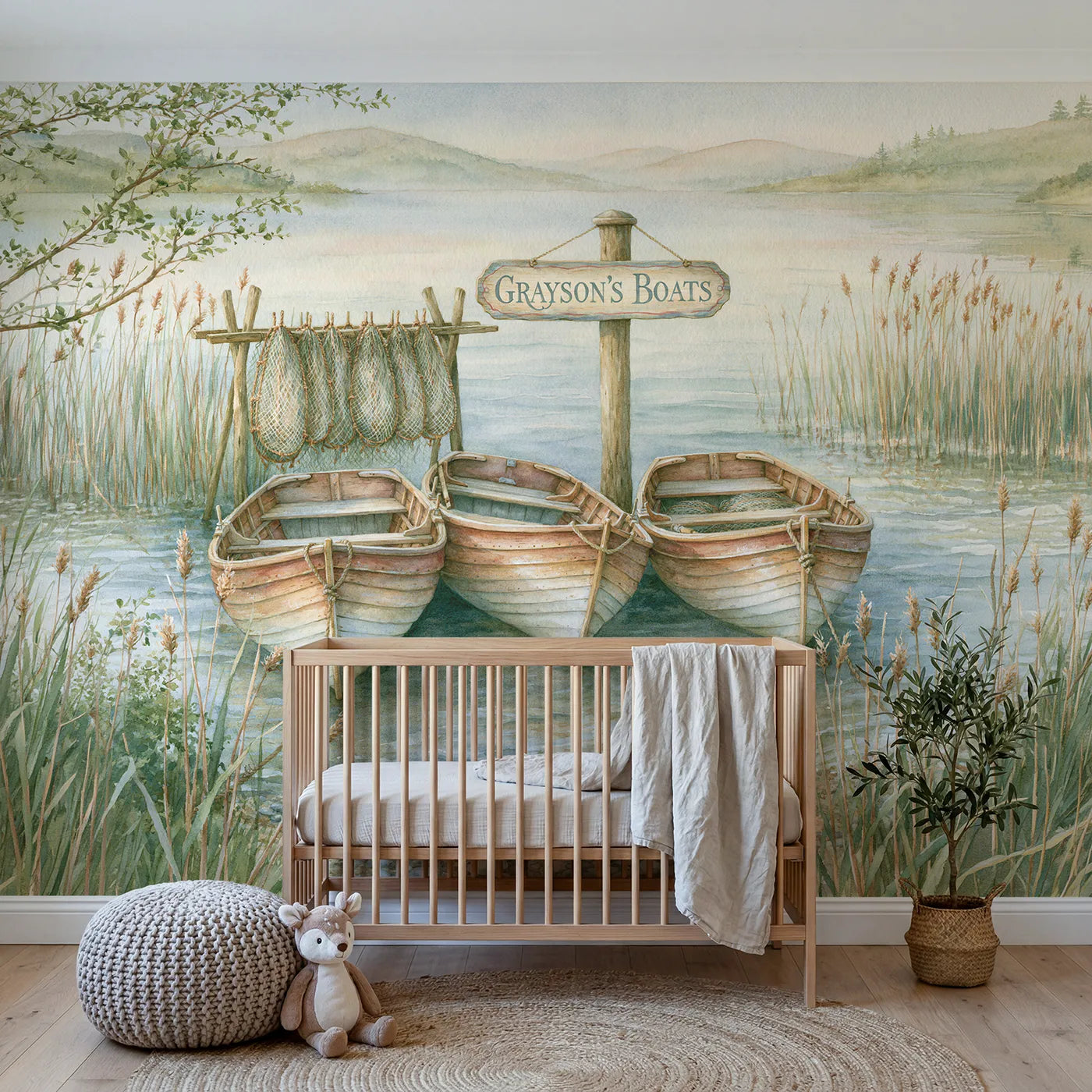 Storybook lakeshore fishing boats personalized wall mural with painted mooring board by Whimsy Tots
