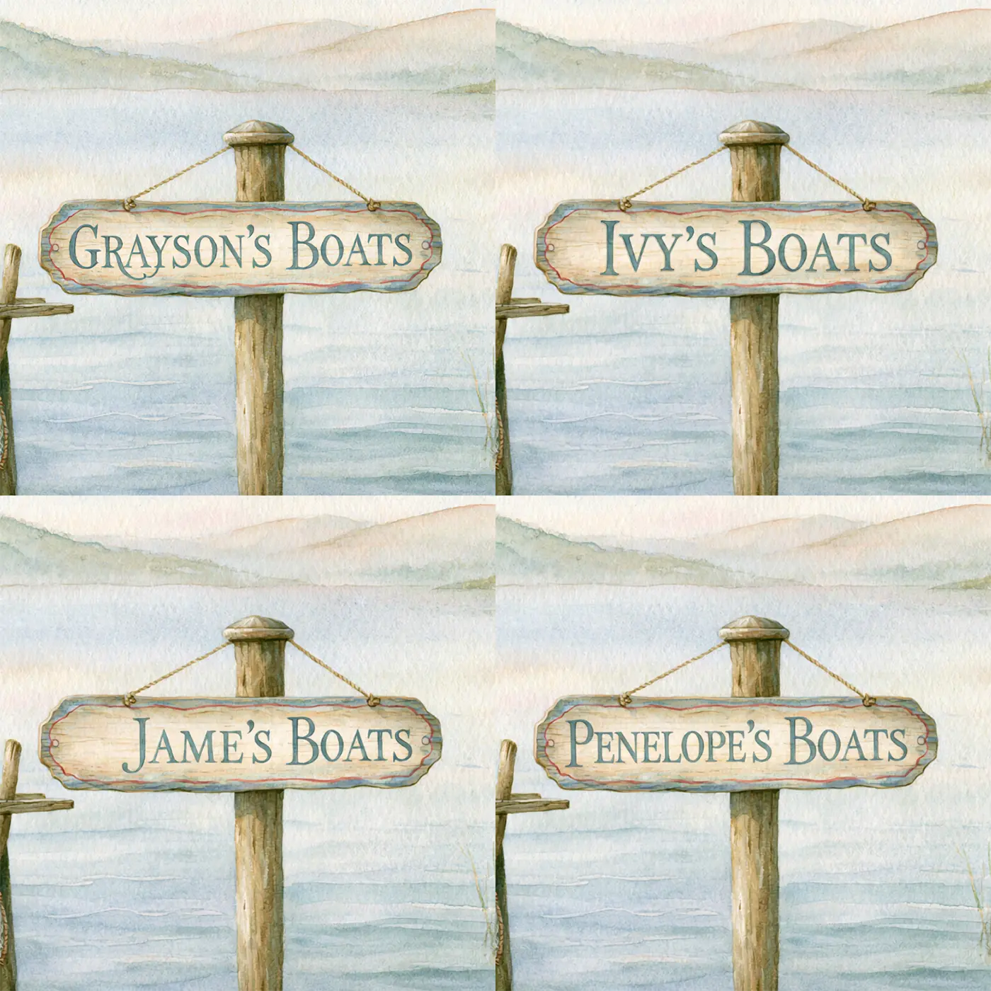 Four name preview examples of Boats on the Quiet Lake Personalized Wall Mural by Whimsy Tots