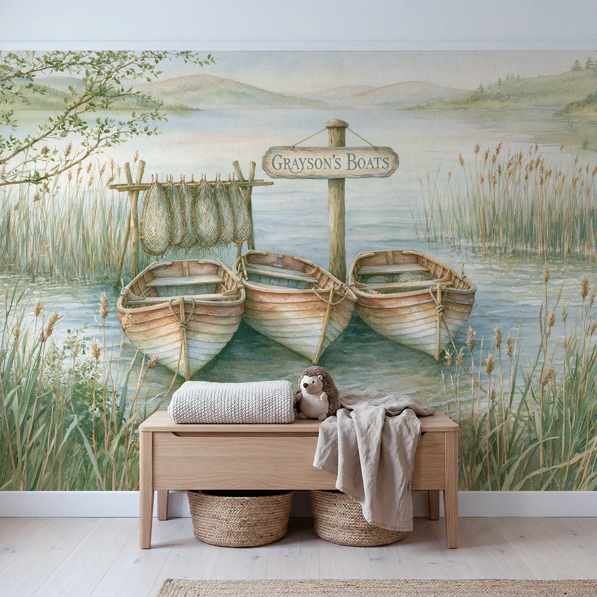 Boats on the Quiet Lake Personalized Wall Mural in playroom setting by Whimsy Tots
