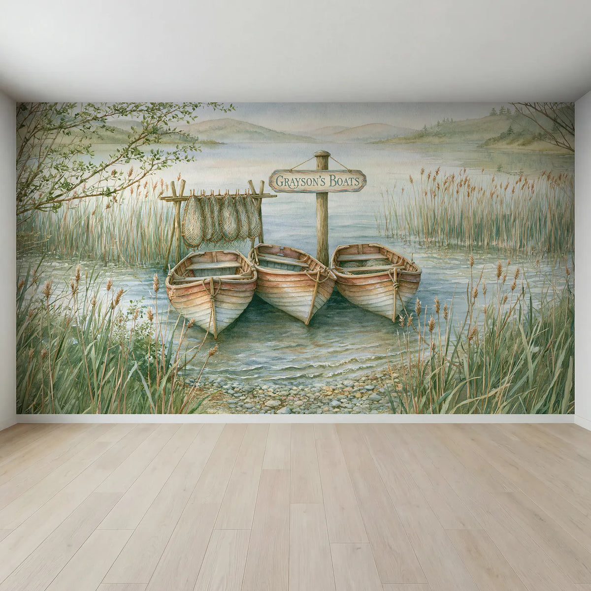 Full view of Boats on the Quiet Lake Personalized Wall Mural by Whimsy Tots