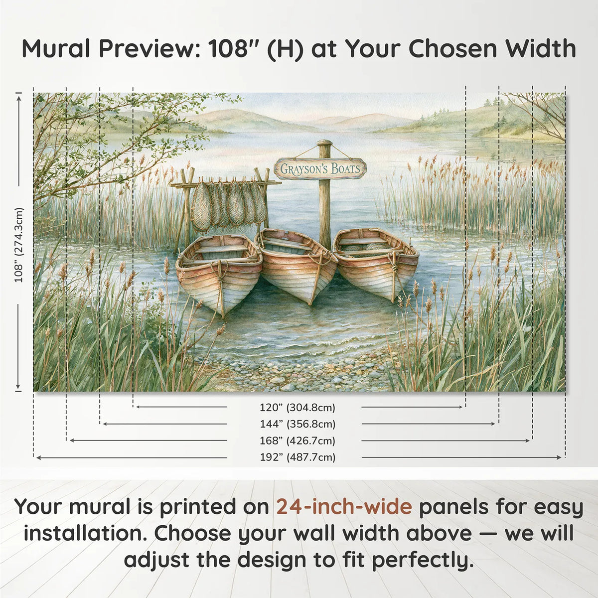 Panel layout and dimensions for Boats on the Quiet Lake Personalized Wall Mural by Whimsy Tots