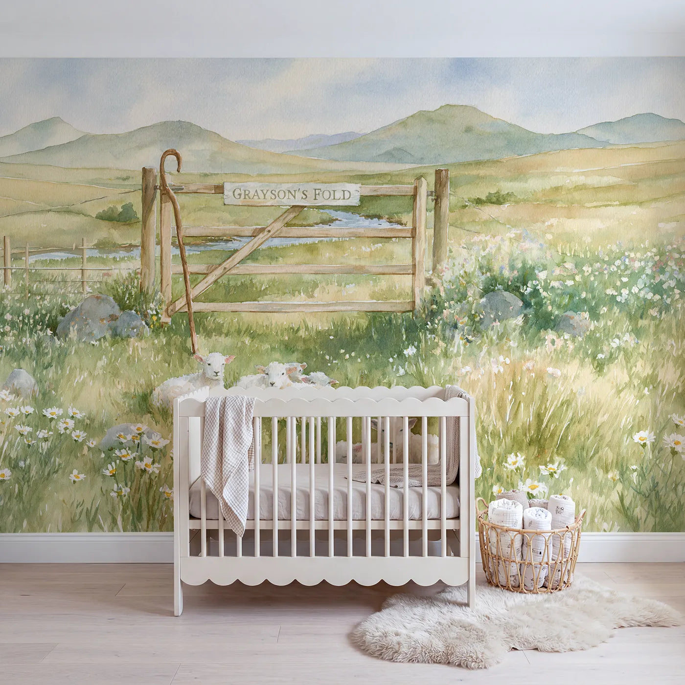 Watercolor evening pasture lambs personalized wall mural with painted gate board by Whimsy Tots