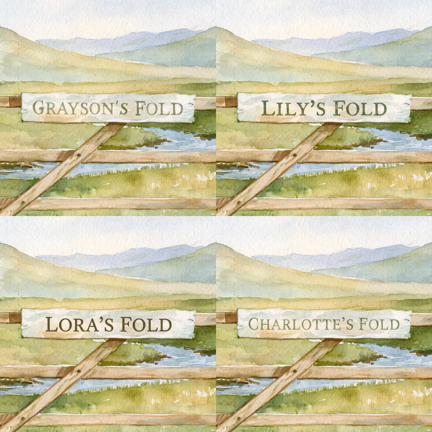 Four name preview examples of The Good Shepherd Personalized Wall Mural by Whimsy Tots