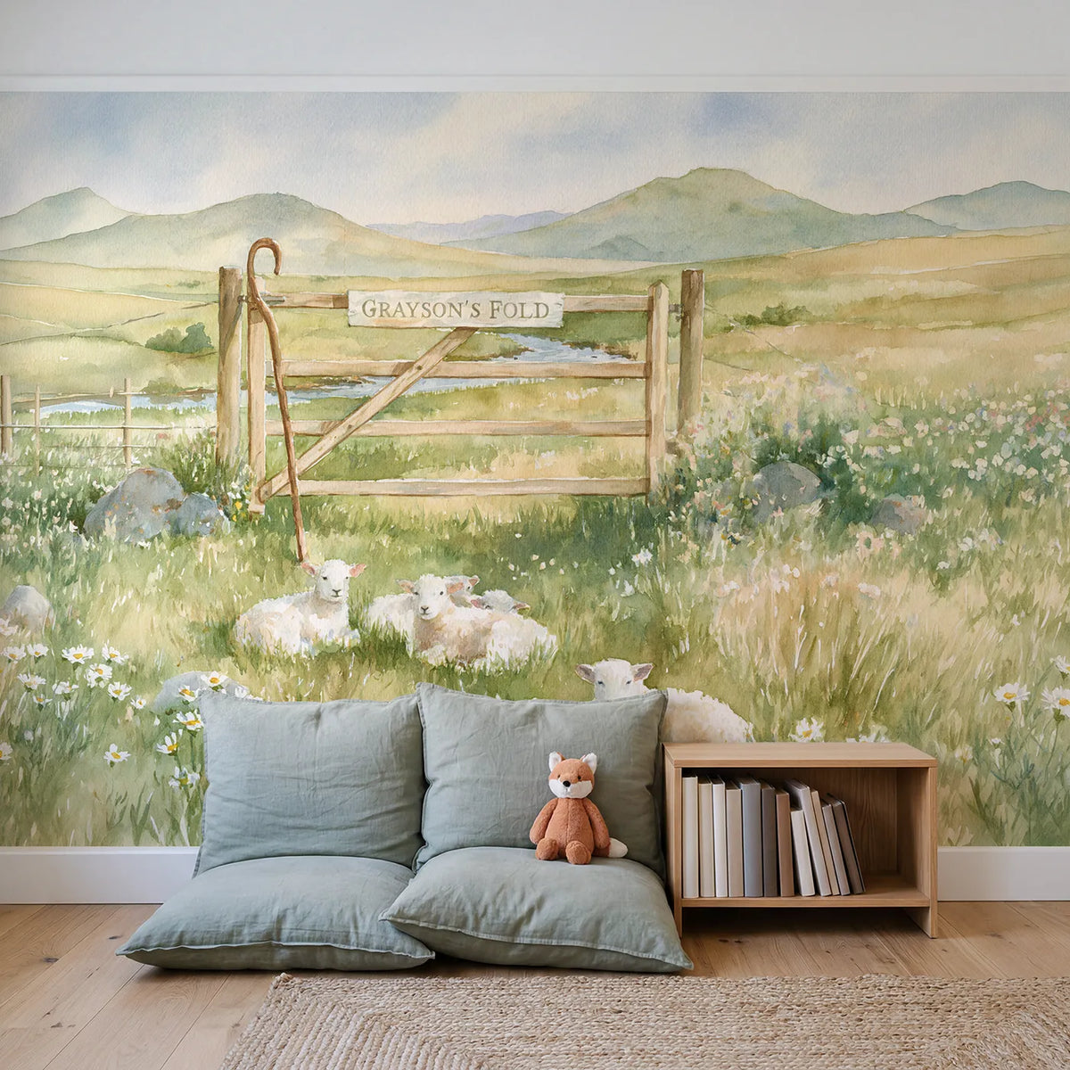 The Good Shepherd Personalized Wall Mural in playroom setting by Whimsy Tots