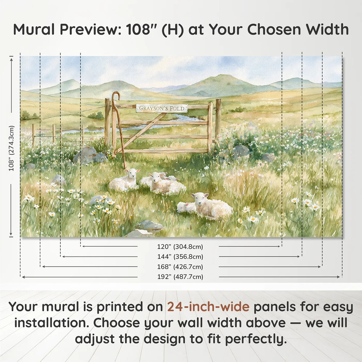 Panel layout and dimensions for The Good Shepherd Personalized Wall Mural by Whimsy Tots