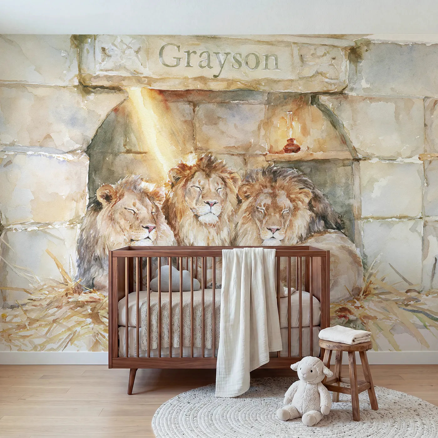 Watercolor sleeping gentle lions personalized wall mural with carved stone lintel by Whimsy Tots