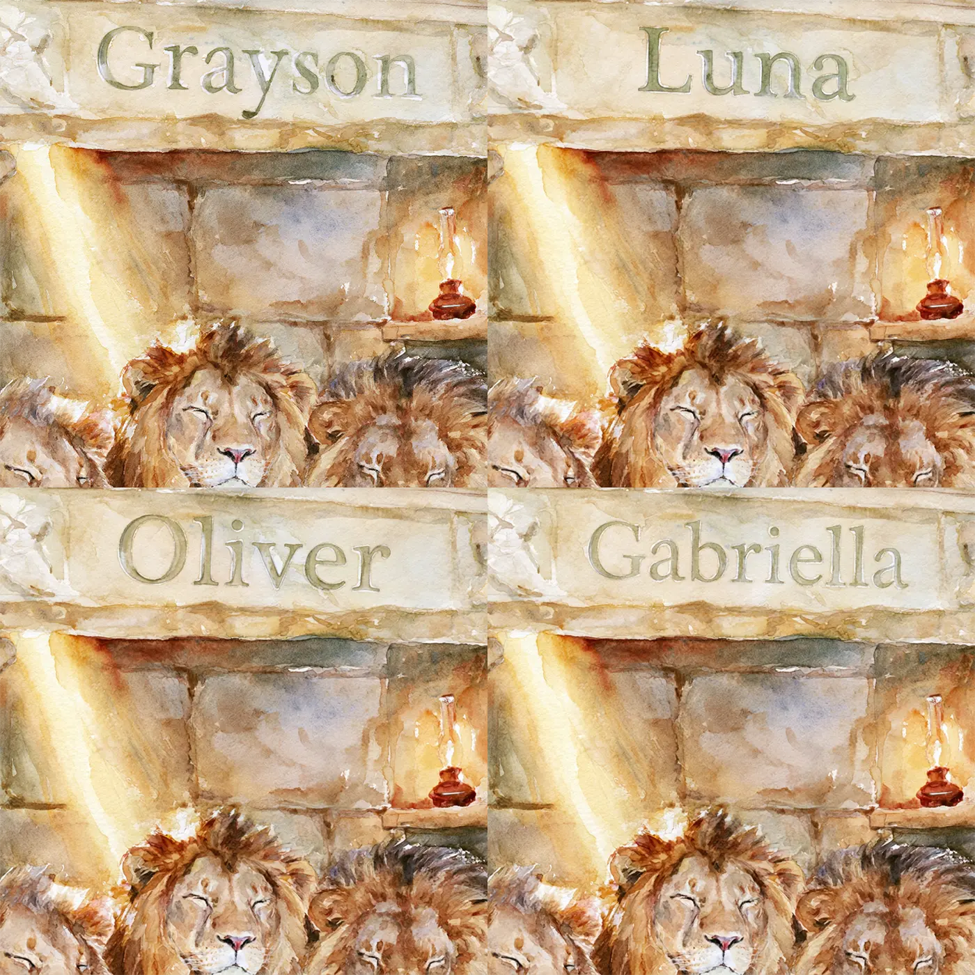 Four name preview examples of Daniel and the Gentle Lions Personalized Wall Mural by Whimsy Tots