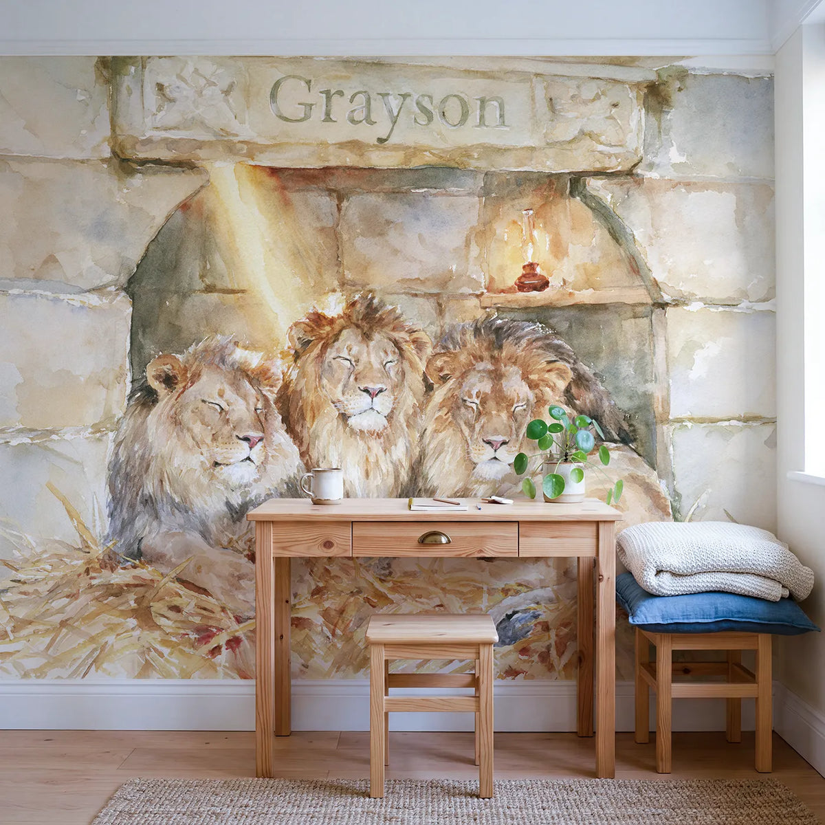 Daniel and the Gentle Lions Personalized Wall Mural in playroom setting by Whimsy Tots