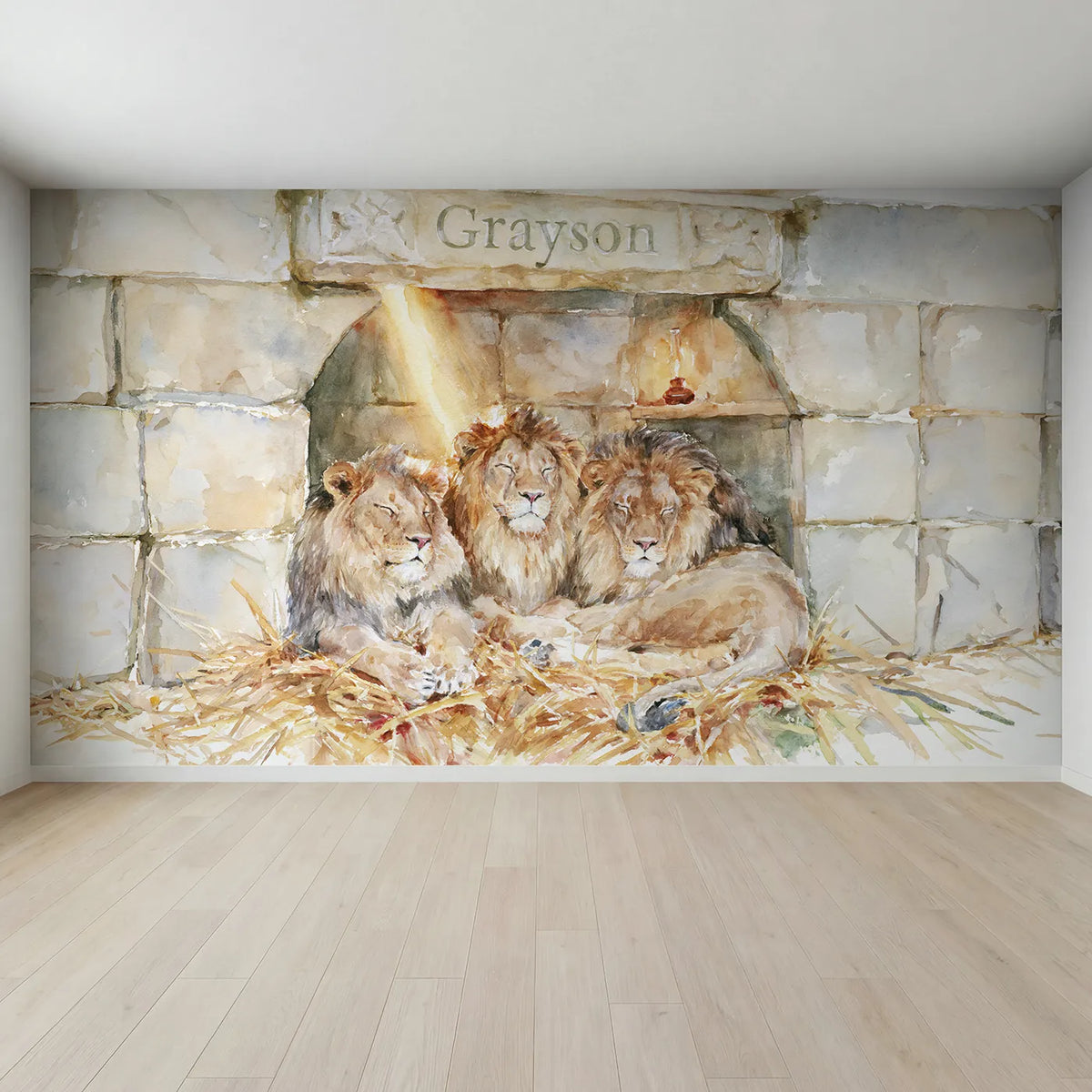 Full view of Daniel and the Gentle Lions Personalized Wall Mural by Whimsy Tots
