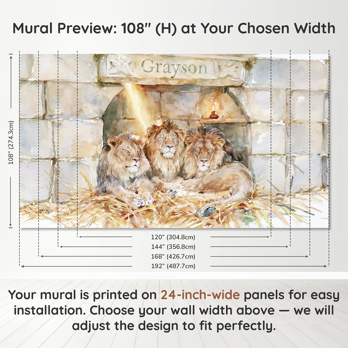 Panel layout and dimensions for Daniel and the Gentle Lions Personalized Wall Mural by Whimsy Tots