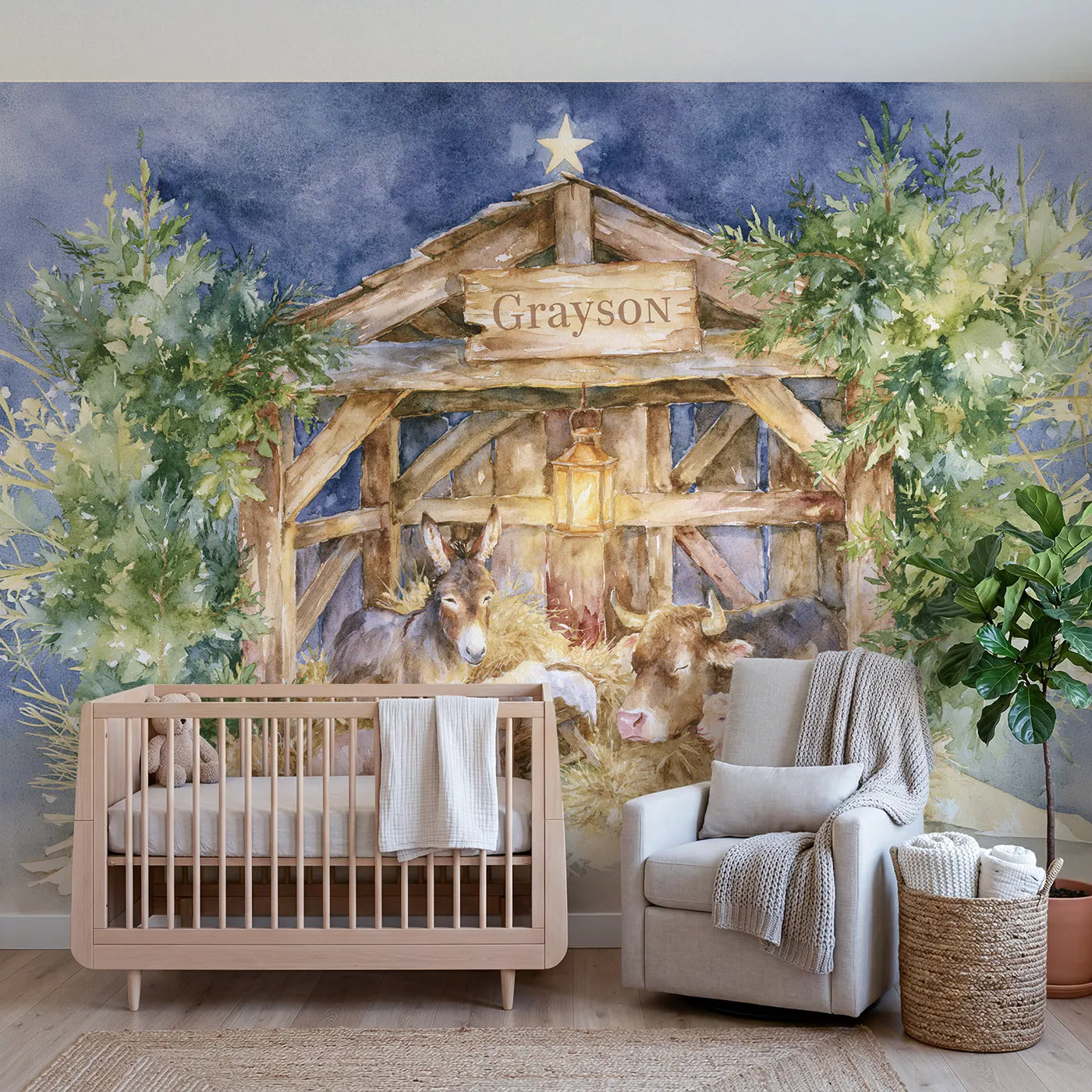 Watercolor quiet night stable personalized wall mural with lettered roof beam board by Whimsy Tots