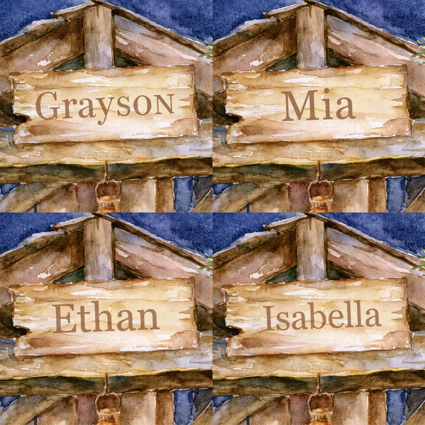 Four name preview examples of The Quiet Stable Personalized Wall Mural by Whimsy Tots