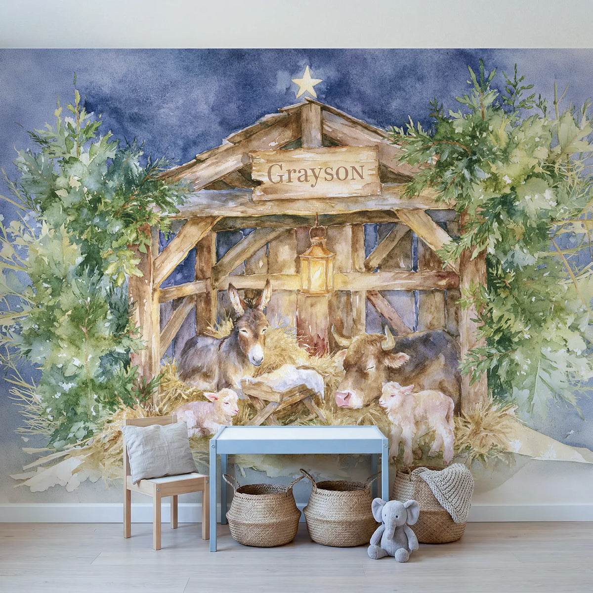 The Quiet Stable Personalized Wall Mural in playroom setting by Whimsy Tots
