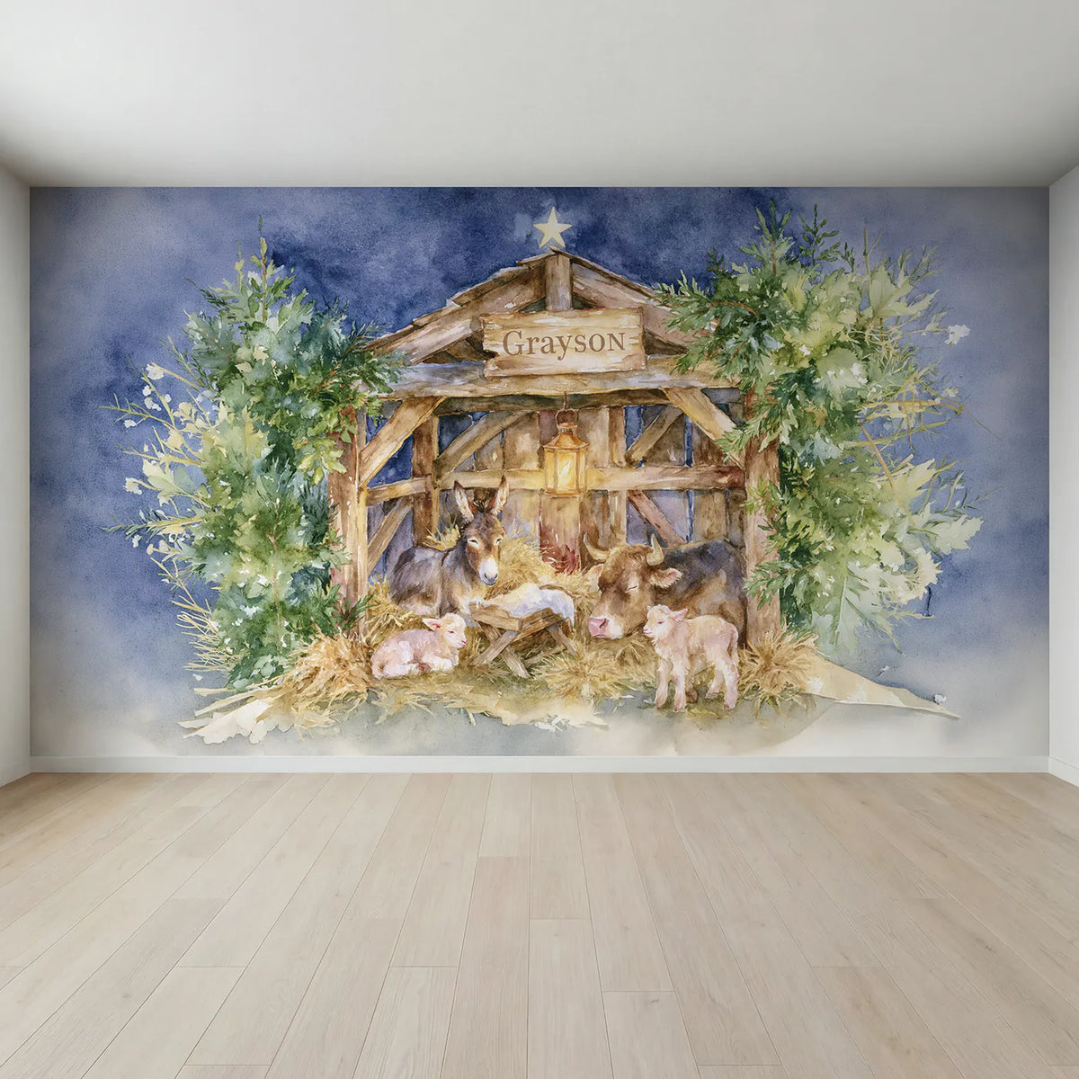 Full view of The Quiet Stable Personalized Wall Mural by Whimsy Tots