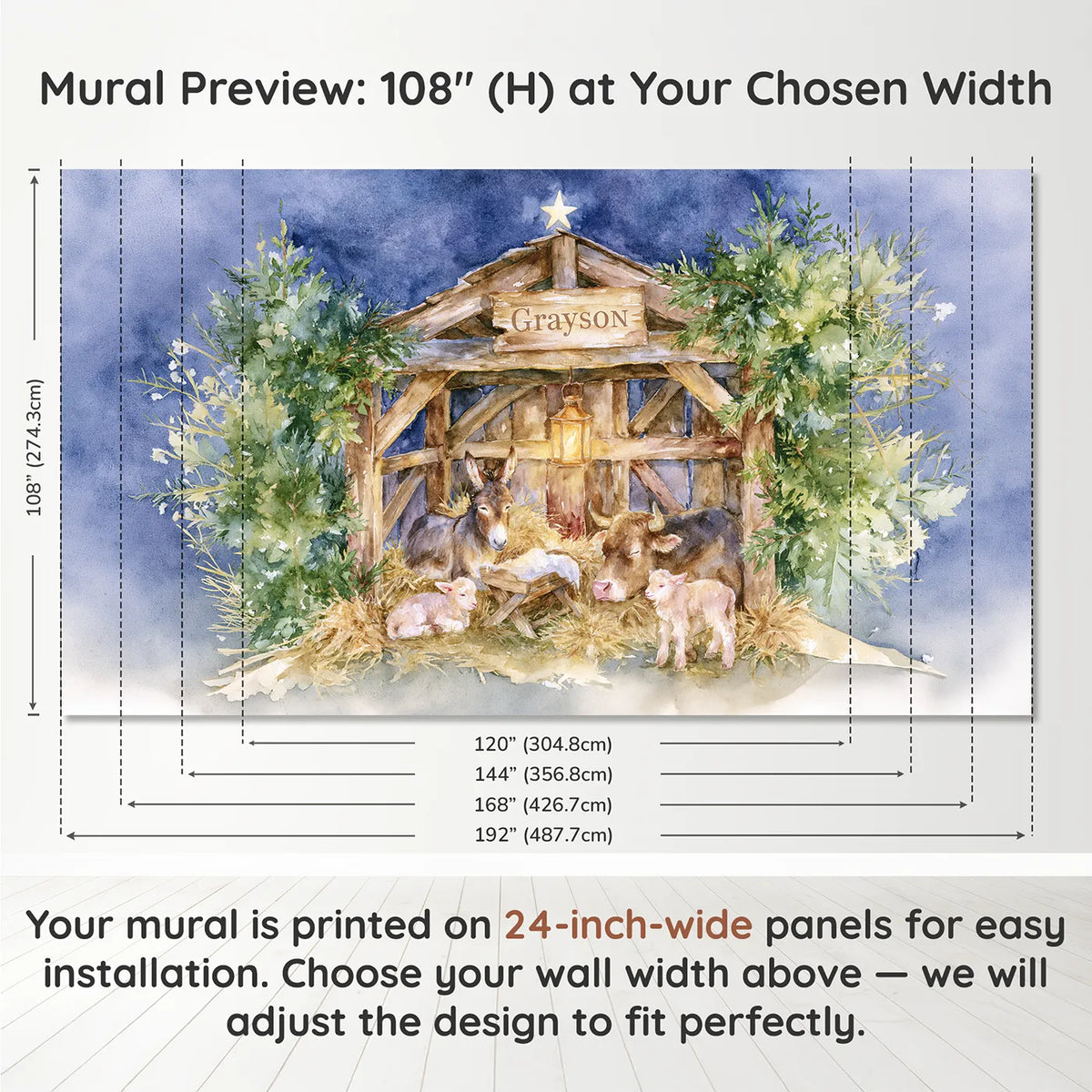 Panel layout and dimensions for The Quiet Stable Personalized Wall Mural by Whimsy Tots