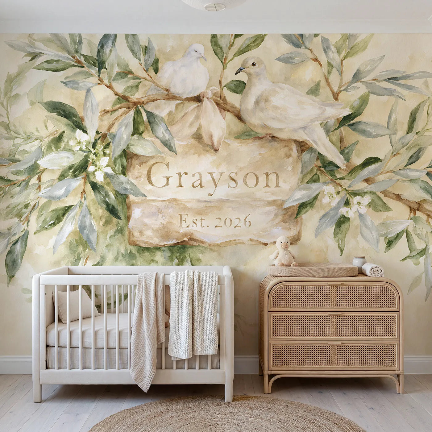 Watercolor olive branch keepsake personalized wall mural with carved name and date plaque by Whimsy Tots