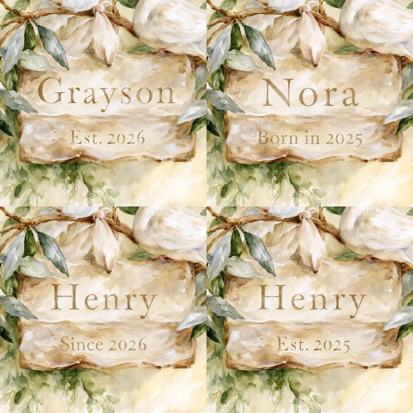Four name preview examples of Birth Verse Keepsake Personalized Wall Mural by Whimsy Tots