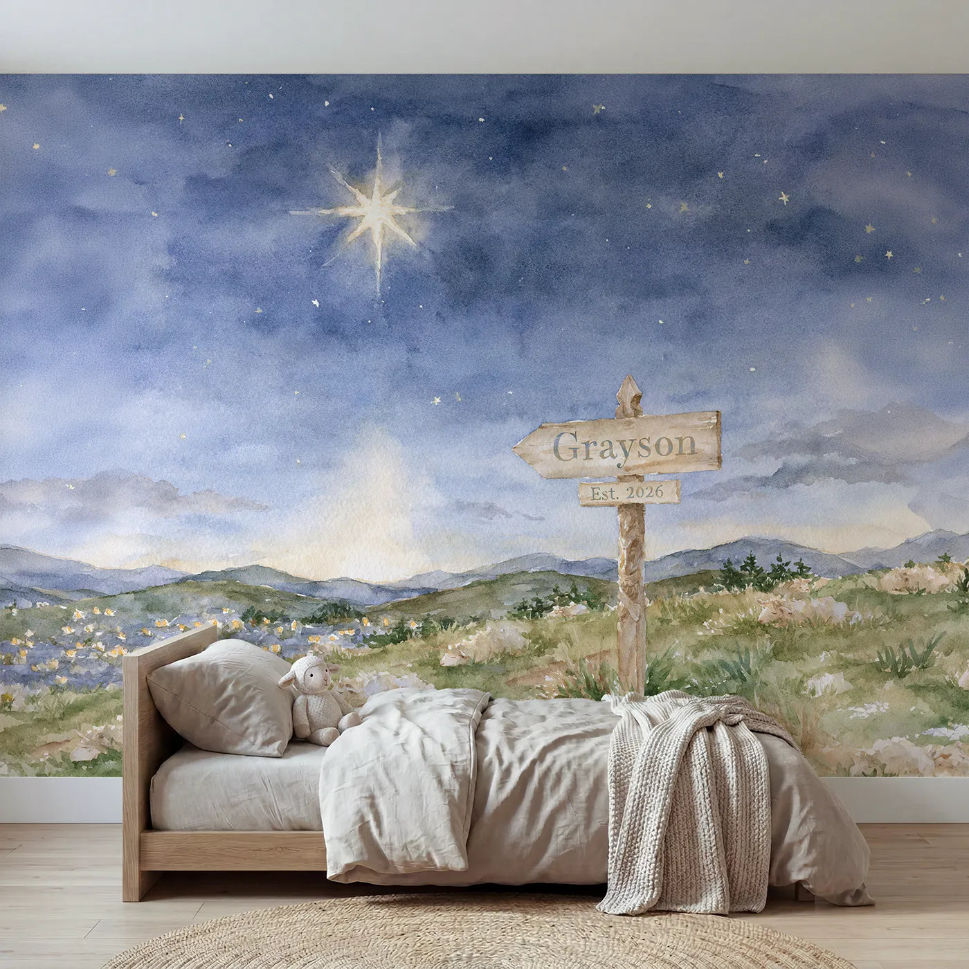 Watercolor bright star hillside personalized wall mural with carved name and year signpost by Whimsy Tots