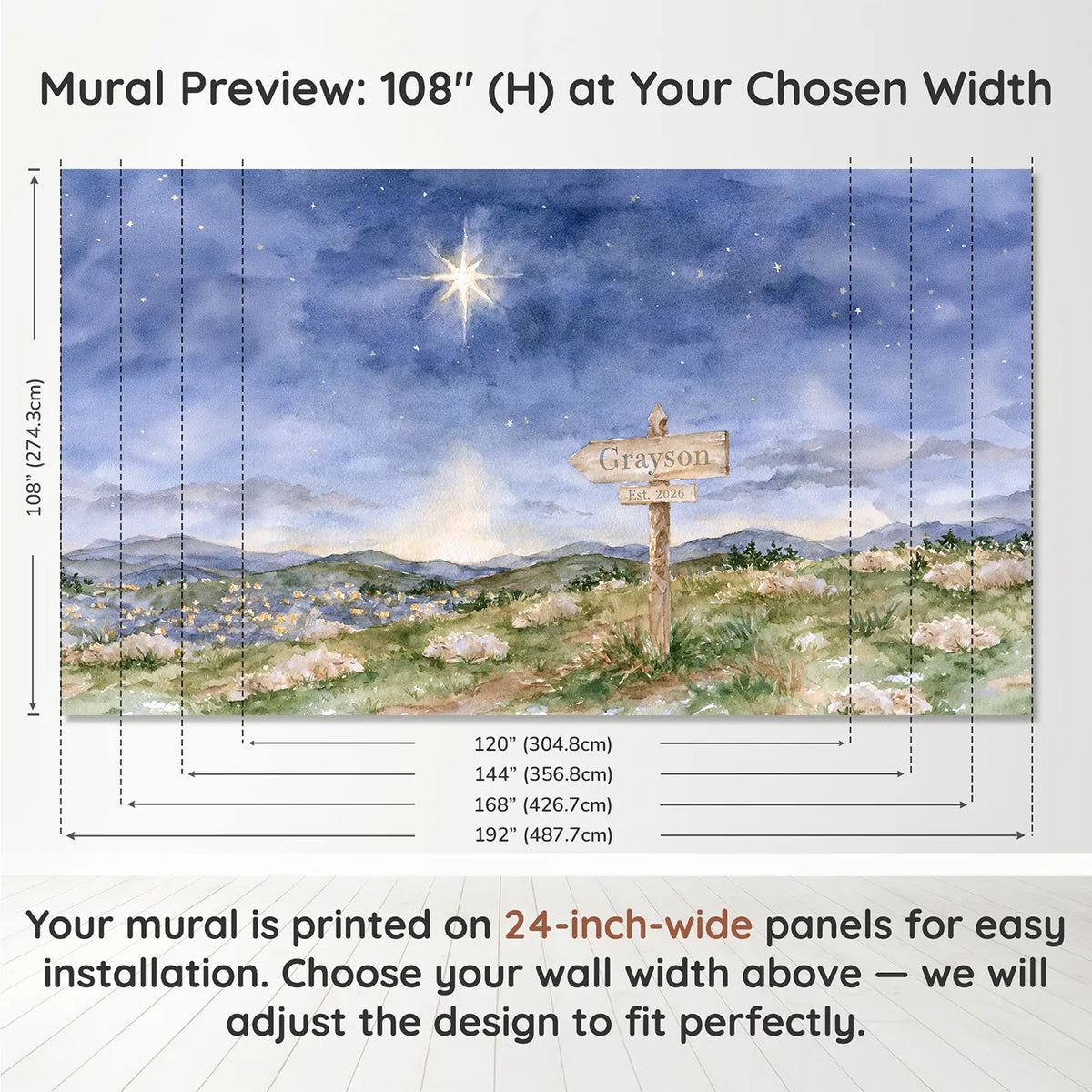 Panel layout and dimensions for The Bright Star Personalized Wall Mural by Whimsy Tots