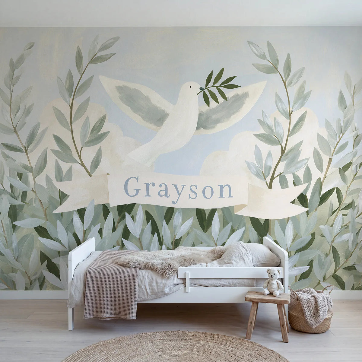 Modern illustration dove and olive personalized wall mural with lettered ribbon banner by Whimsy Tots