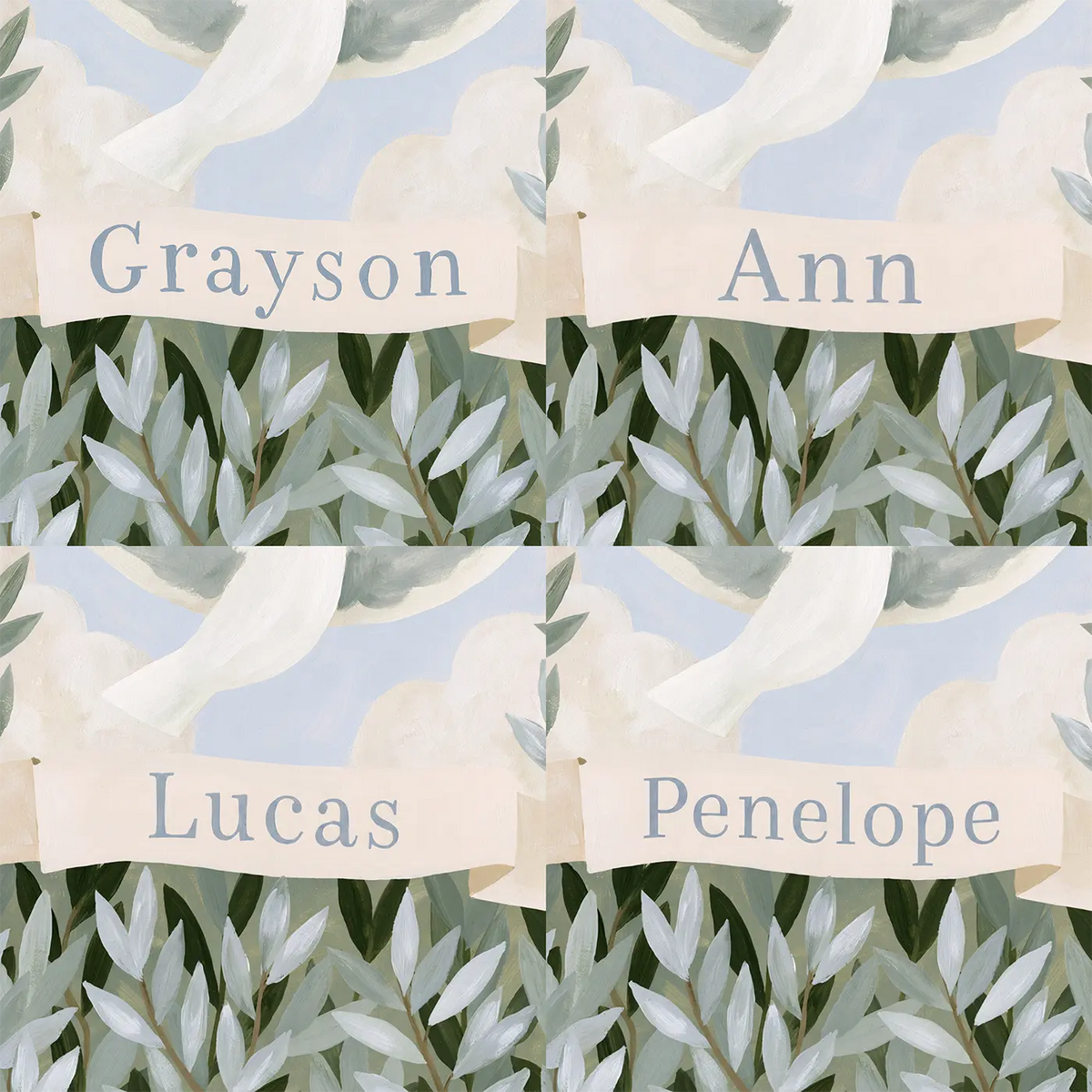 Four name preview examples of Dove and Olive Branch Personalized Wall Mural by Whimsy Tots
