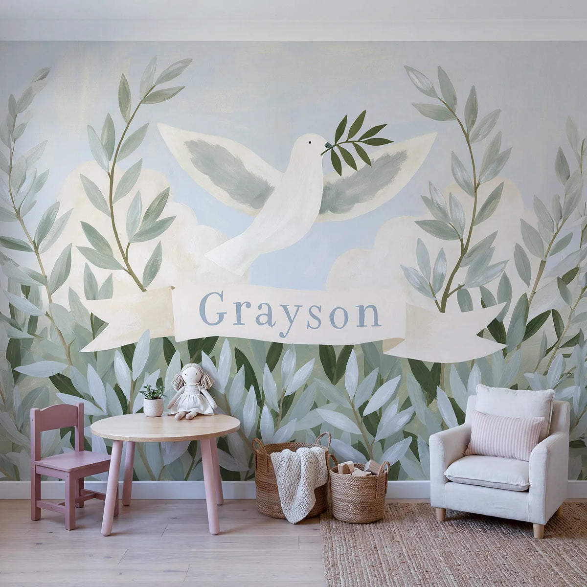 Dove and Olive Branch Personalized Wall Mural in playroom setting by Whimsy Tots