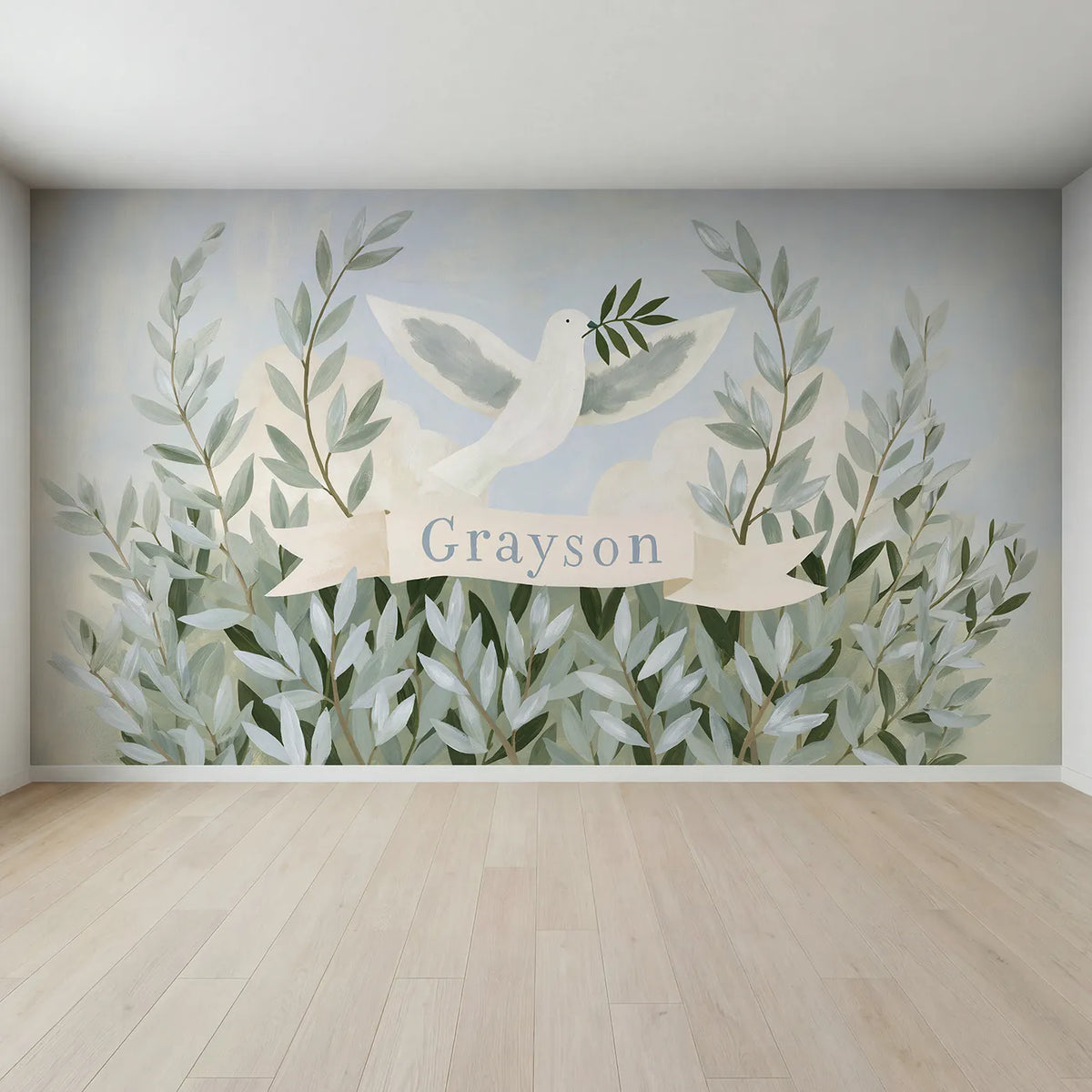 Full view of Dove and Olive Branch Personalized Wall Mural by Whimsy Tots