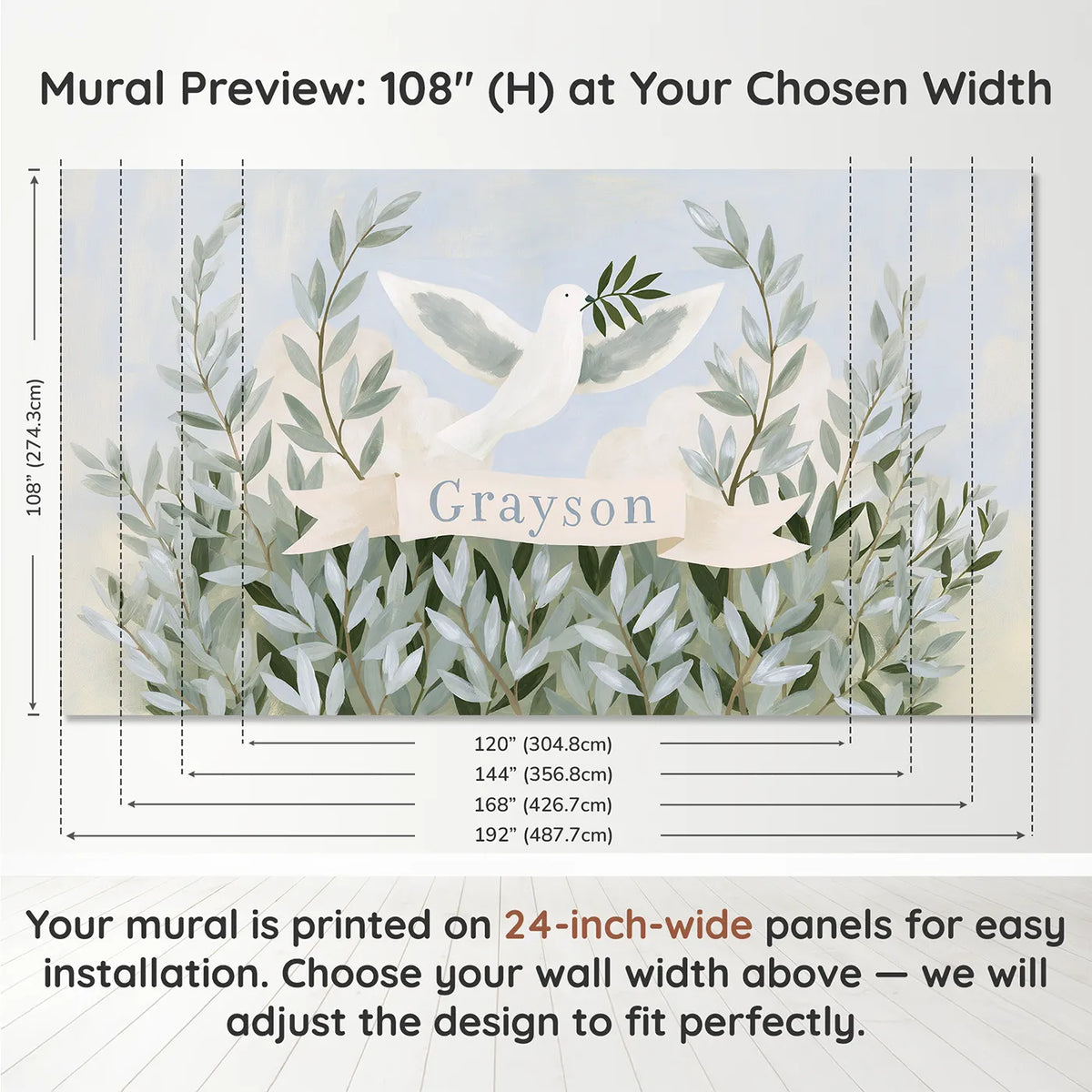 Panel layout and dimensions for Dove and Olive Branch Personalized Wall Mural by Whimsy Tots
