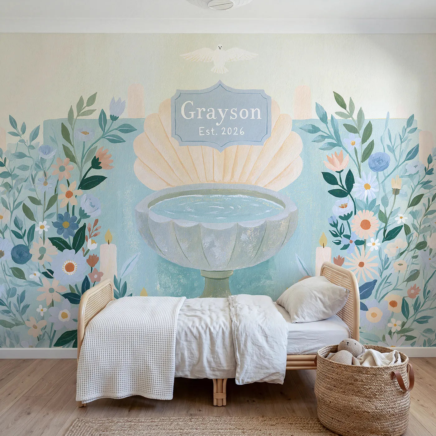 Modern illustration christening font personalized wall mural with painted date plaque by Whimsy Tots