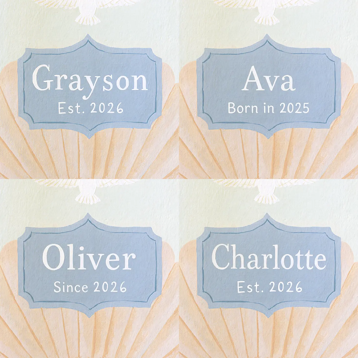 Four name preview examples of Christening Keepsake Personalized Wall Mural by Whimsy Tots