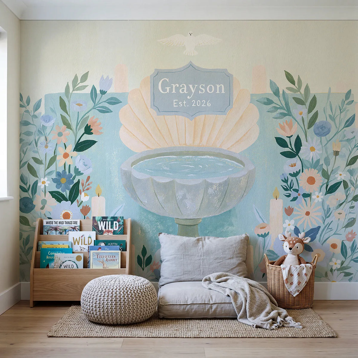 Christening Keepsake Personalized Wall Mural in playroom setting by Whimsy Tots