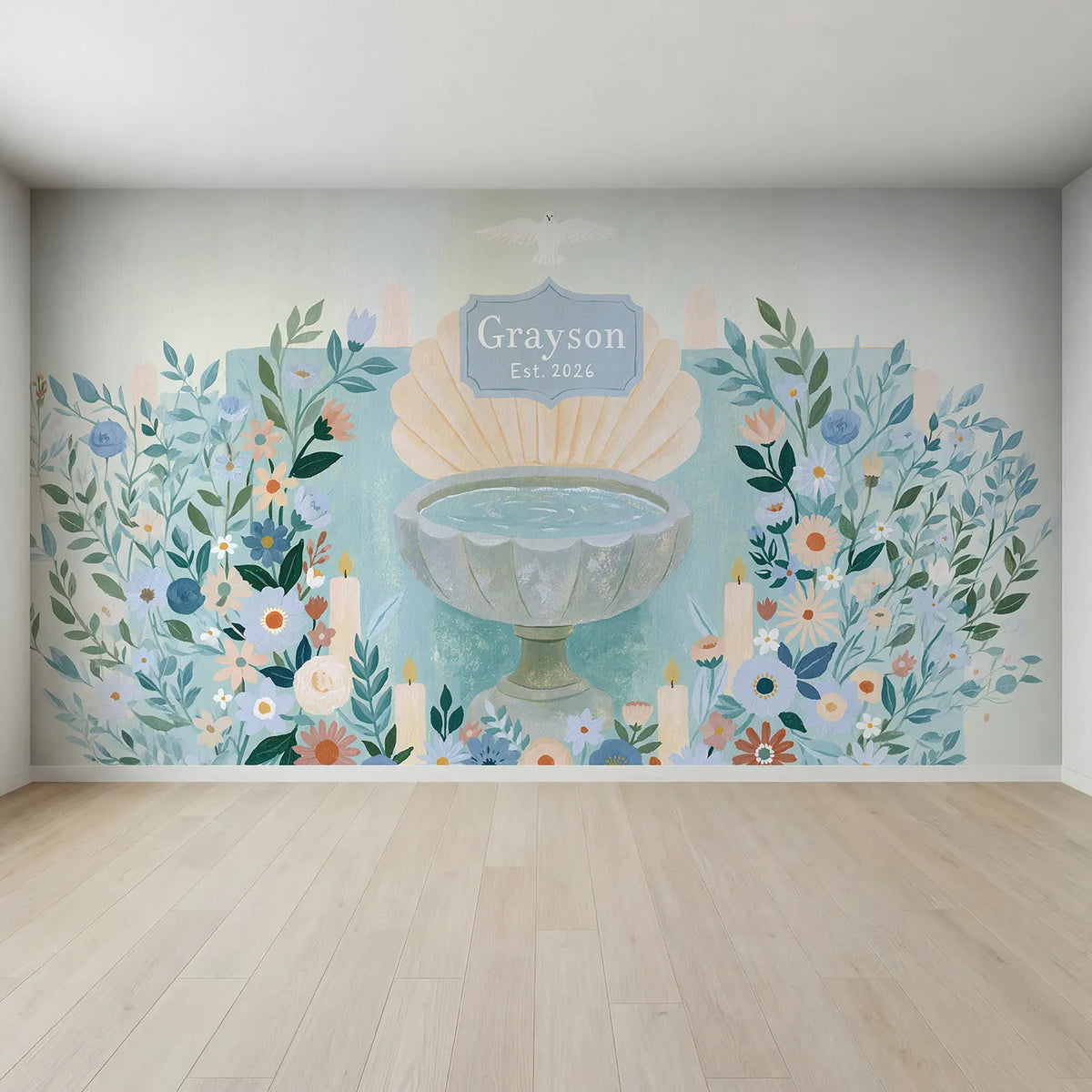 Full view of Christening Keepsake Personalized Wall Mural by Whimsy Tots
