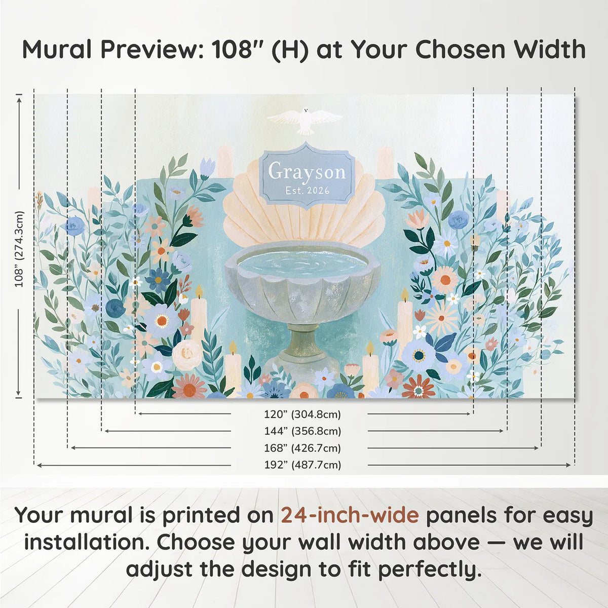 Panel layout and dimensions for Christening Keepsake Personalized Wall Mural by Whimsy Tots