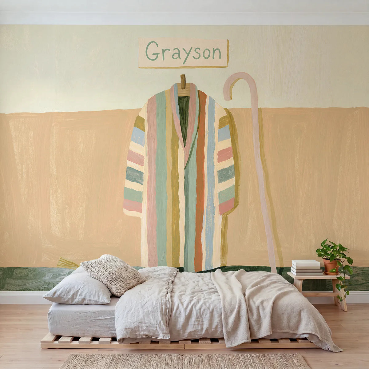 Modern illustration striped coat personalized wall mural with flat painted wall nameplate by Whimsy Tots
