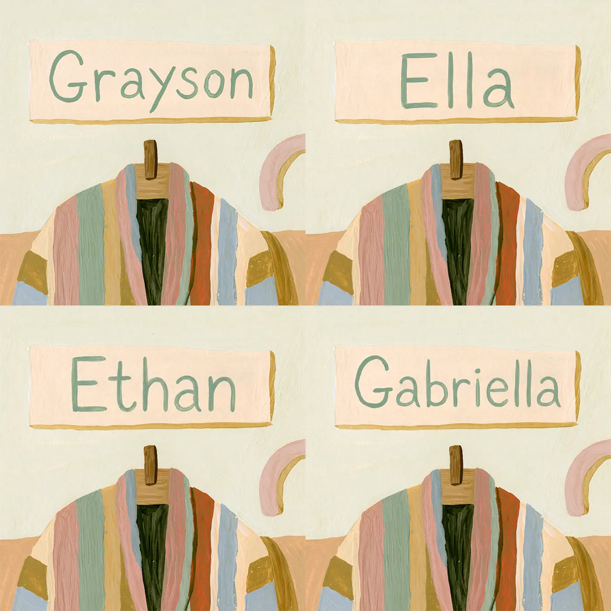 Four name preview examples of Coat of Many Colors Personalized Wall Mural by Whimsy Tots