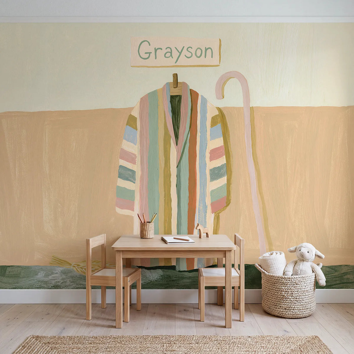 Coat of Many Colors Personalized Wall Mural in playroom setting by Whimsy Tots