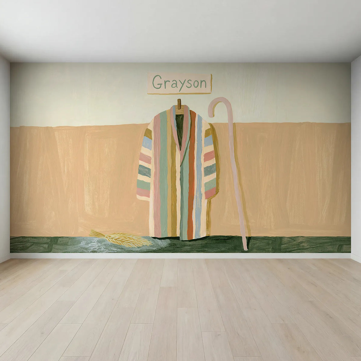 Full view of Coat of Many Colors Personalized Wall Mural by Whimsy Tots
