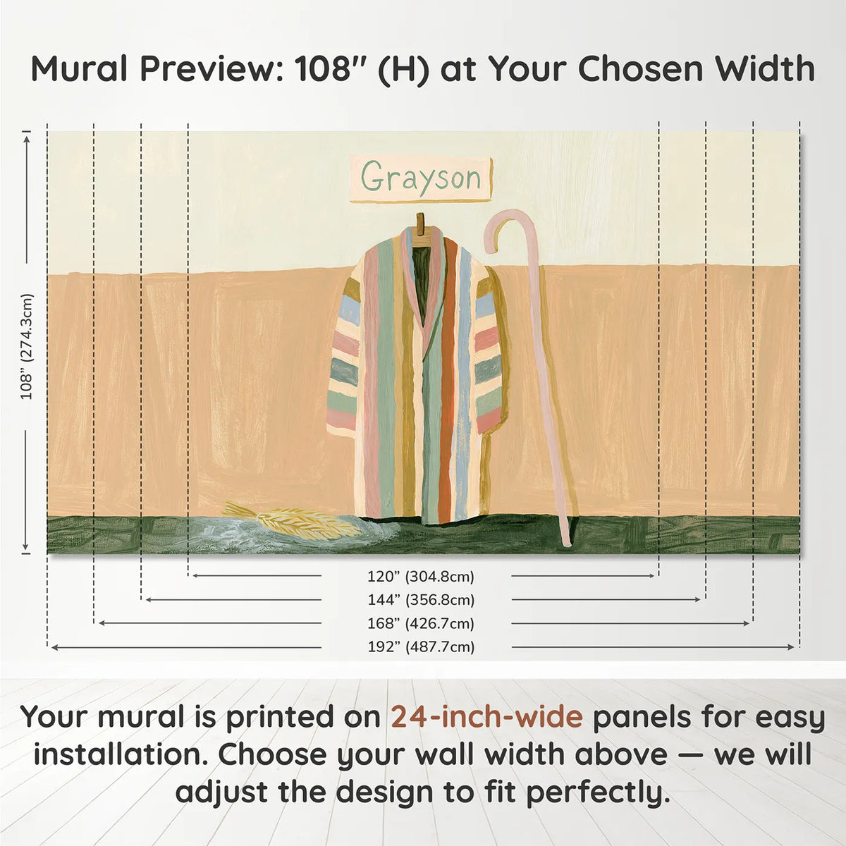 Panel layout and dimensions for Coat of Many Colors Personalized Wall Mural by Whimsy Tots