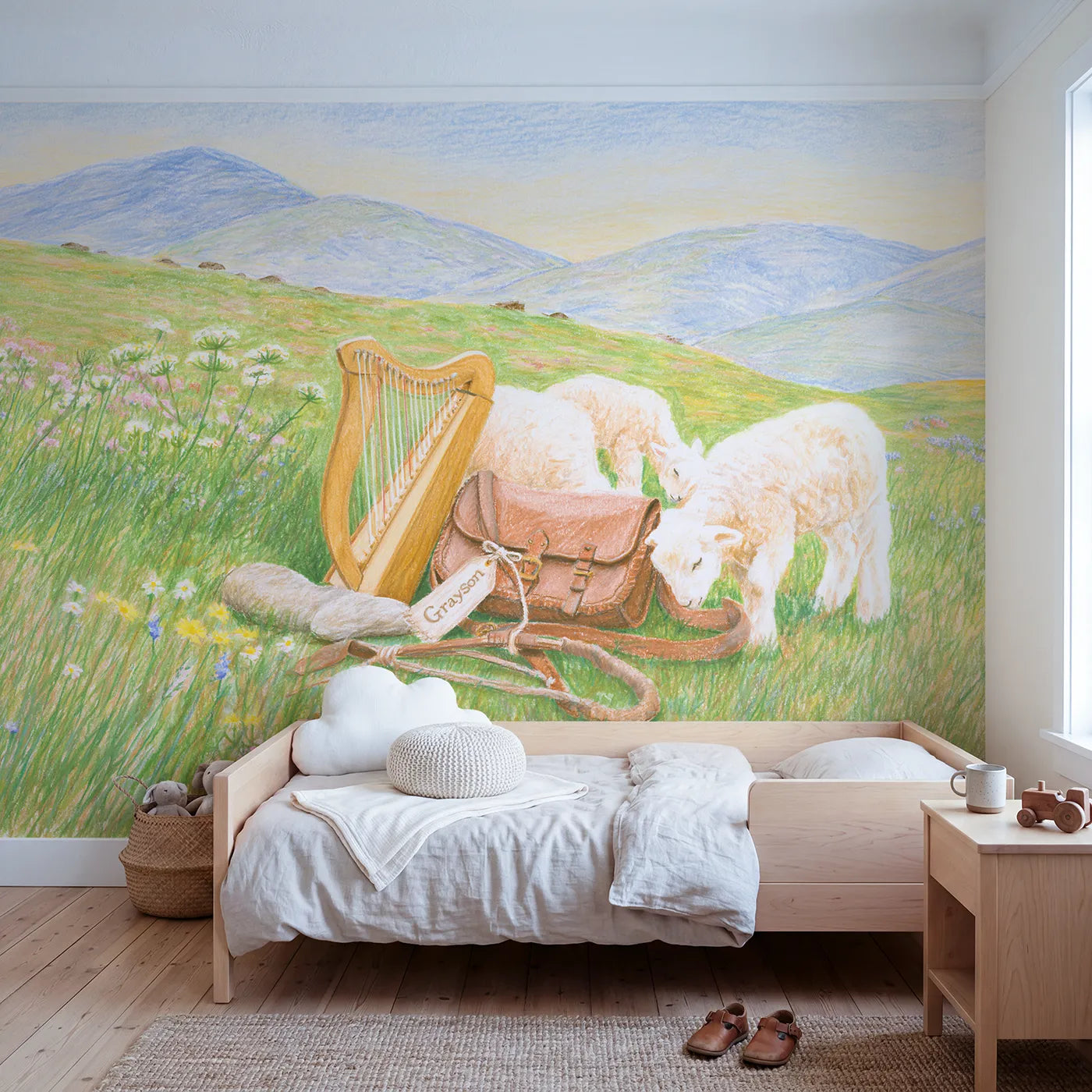Colored pencil harp and satchel personalized wall mural with drawn strap name tag by Whimsy Tots