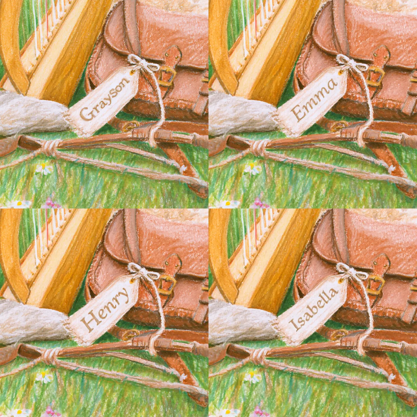 Four name preview examples of Shepherd Boy and Harp Personalized Wall Mural by Whimsy Tots