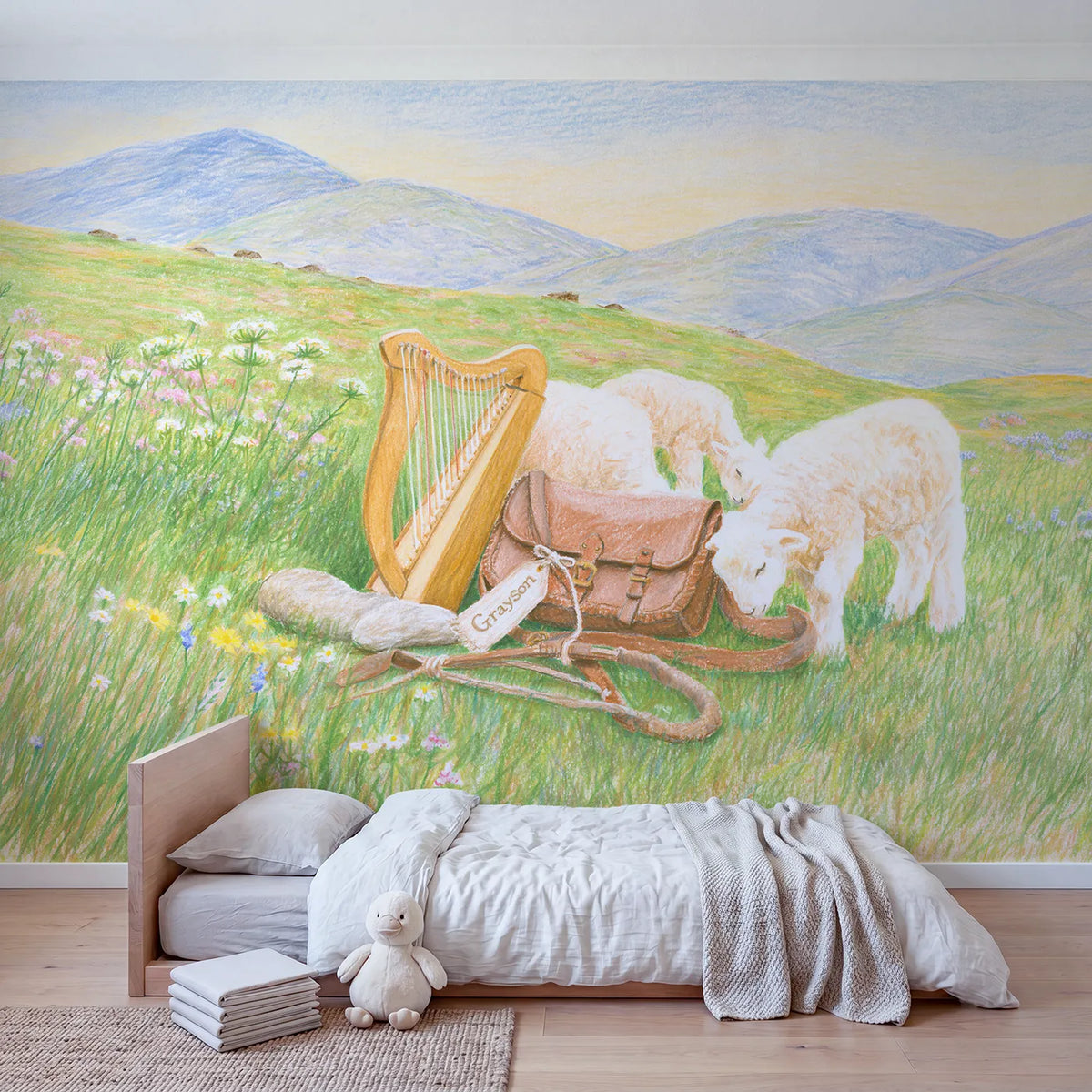 Shepherd Boy and Harp Personalized Wall Mural in playroom setting by Whimsy Tots