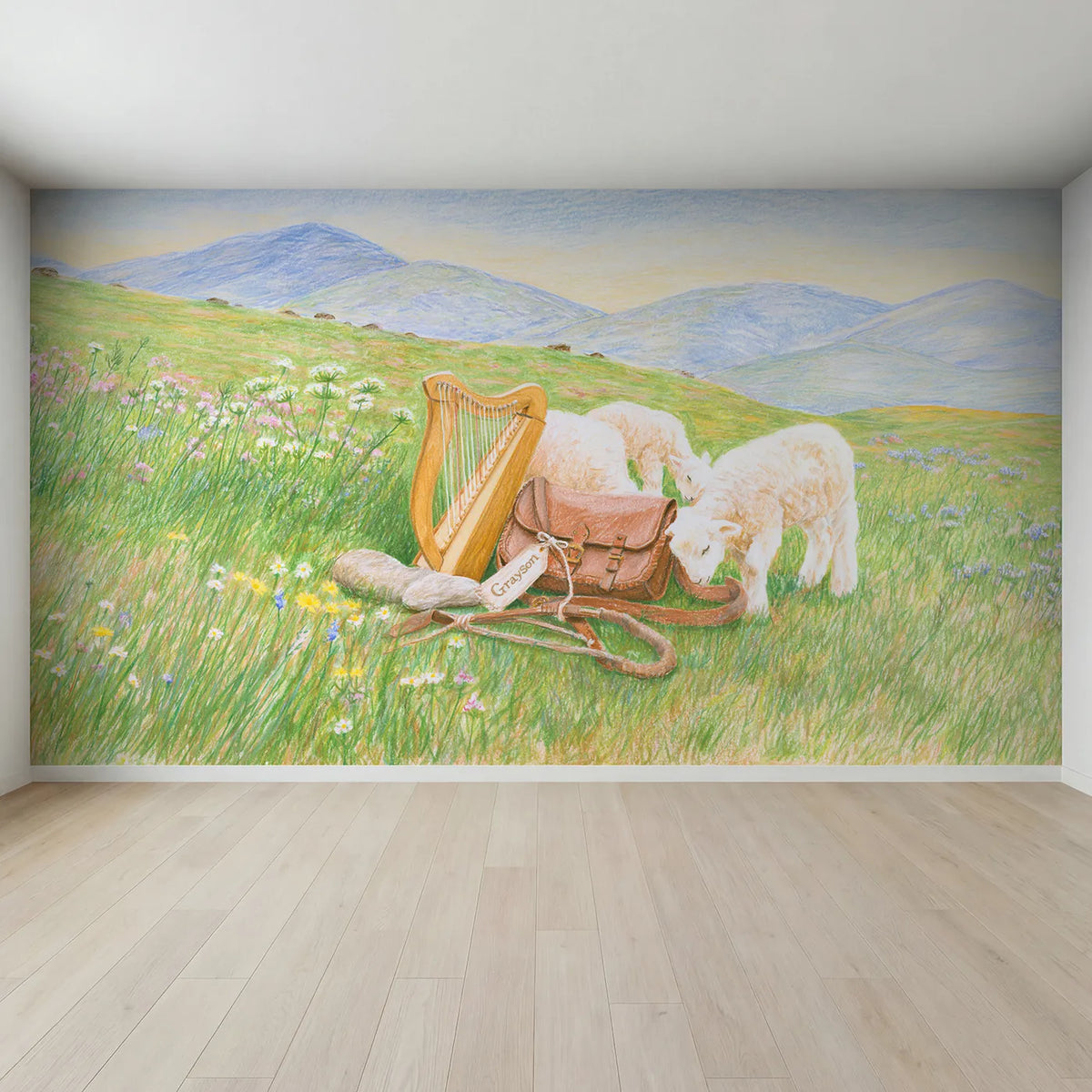 Full view of Shepherd Boy and Harp Personalized Wall Mural by Whimsy Tots