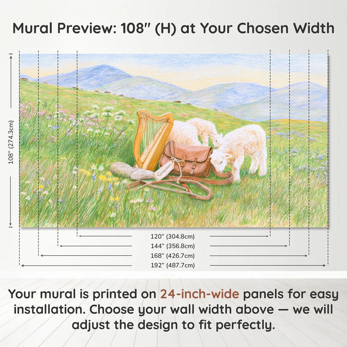 Panel layout and dimensions for Shepherd Boy and Harp Personalized Wall Mural by Whimsy Tots